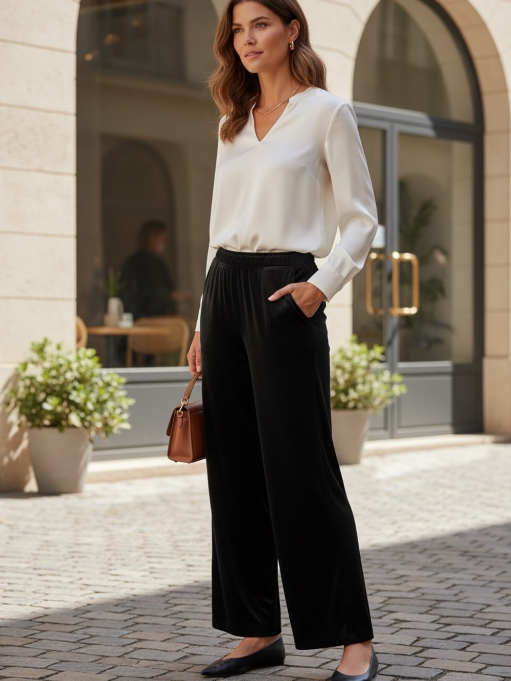 Lisa Bayne Velvet Wide Leg Pull On Pants L Black